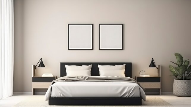 AI generated image of a simple bedroom interior design with a mockup frame. 