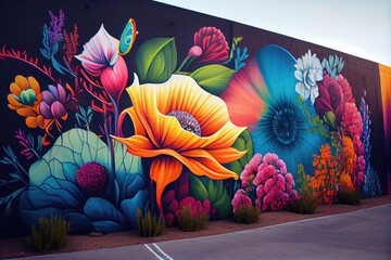 urban graffiti art featuring mural of vibrant flower garden, created with generative ai