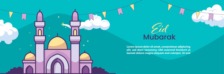 Happy eid mubarak banner flat illustration. Muslim celebration greeting card.