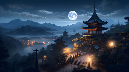 Obraz premium Ancient japanse shrine or temple on top of a mountain lit by lanterns and the moonlight