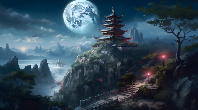 Ancient japanse shrine or temple on top of a mountain lit by lanterns and the moonlight