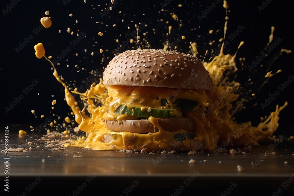 Poster a cheeseburger with a lot of mustard splashing out of it. generative ai