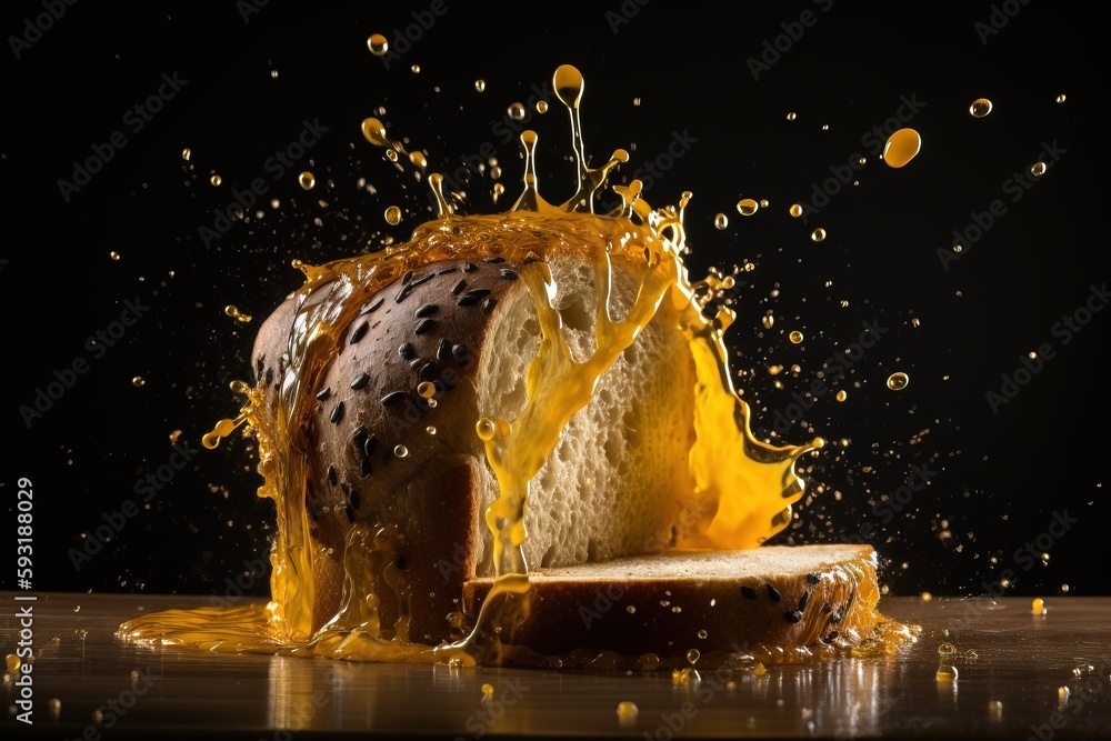 Poster a piece of bread with orange juice splashing out of it. generative ai