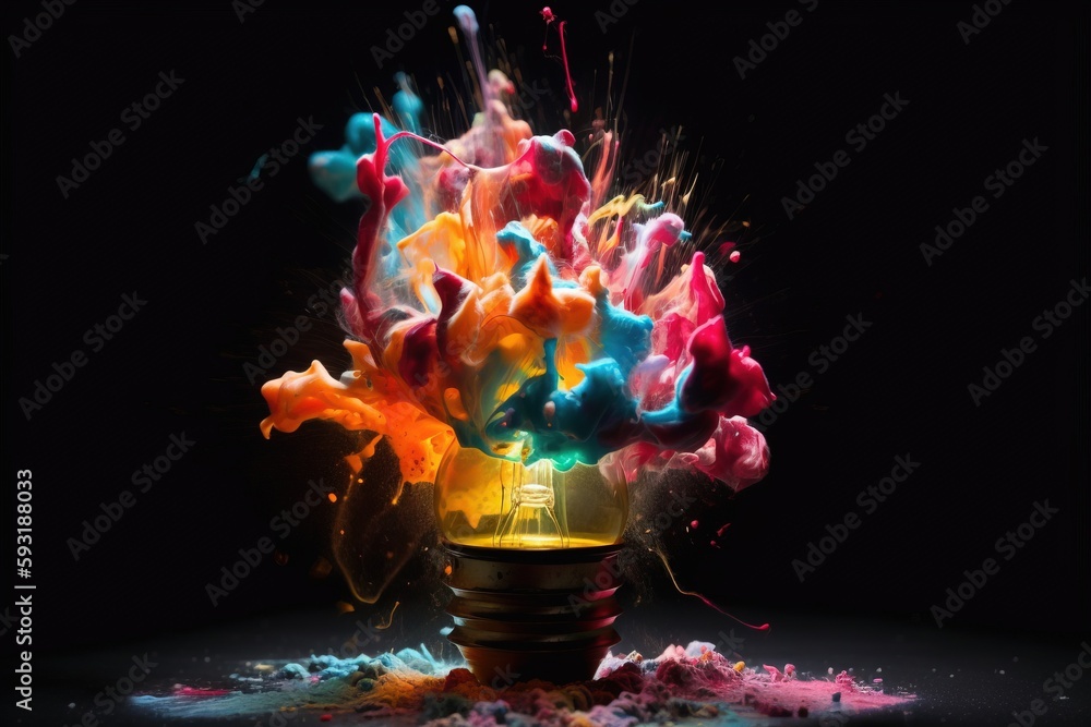 Poster a light bulb with colored paint splashing out of it. generative ai