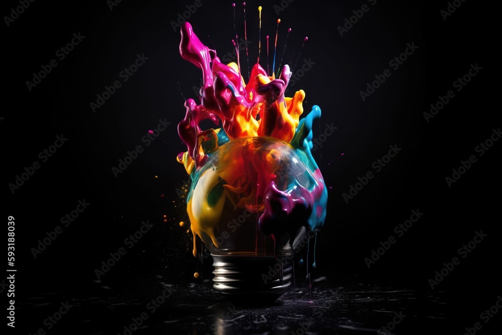 Poster a light bulb with colorful paint splashing out of it. generative ai