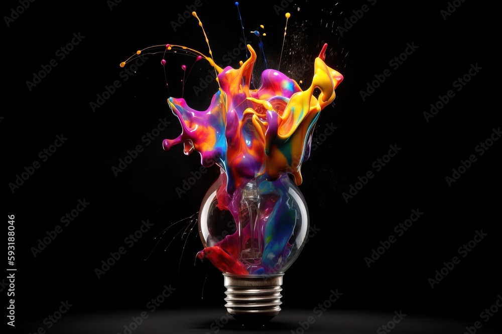 Aufkleber a light bulb with colorful paint splashing out of it. generative ai
