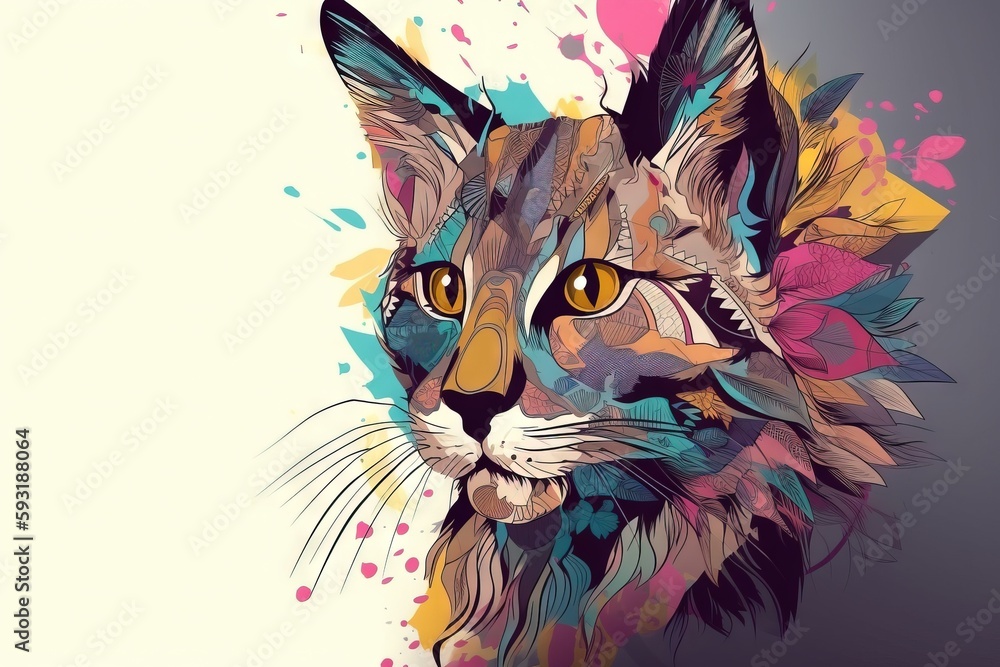 Poster a cat with a colorful background and a splash of paint. generative ai