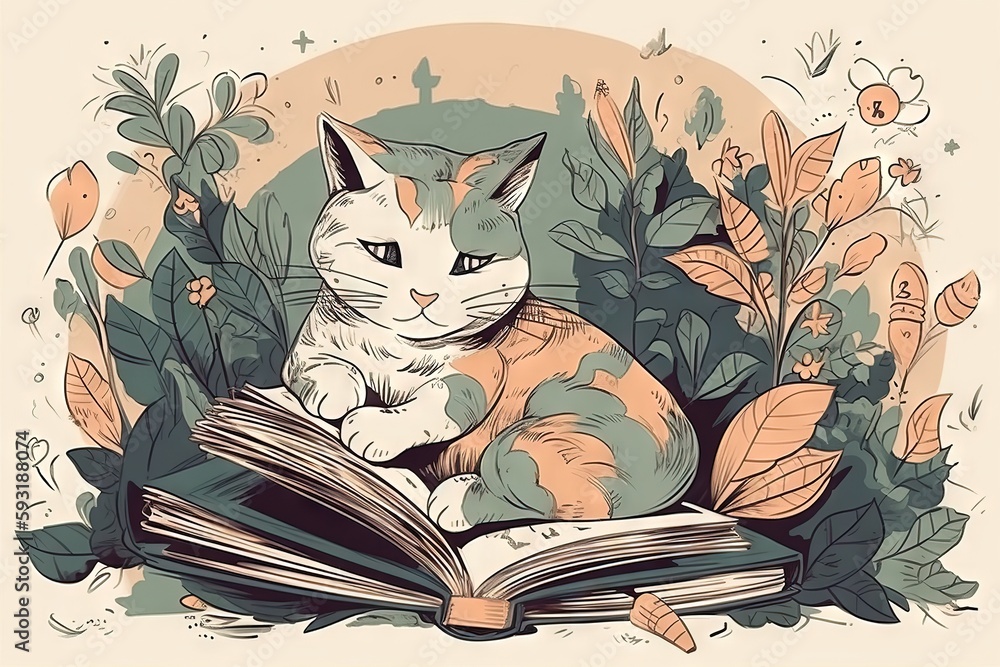Poster a cat sitting on top of a book in the grass. generative ai