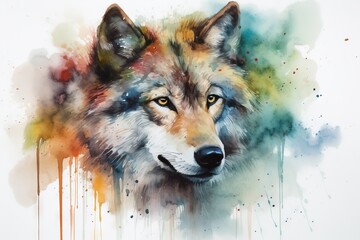  a painting of a wolf's face with watercolor stains.  generative ai