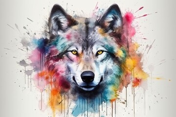  a wolf with colorful paint splatters on it's face.  generative ai