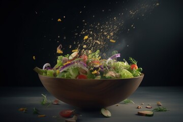 Fototapeta na wymiar a bowl of salad with sprinkles on a table. generative ai