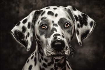  a black and white dalmatian dog with a black background.  generative ai