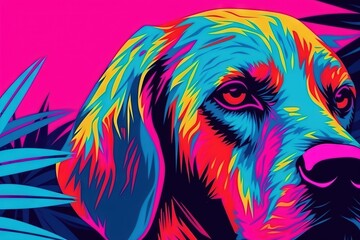  a dog with a pink background and a blue background with leaves.  generative ai