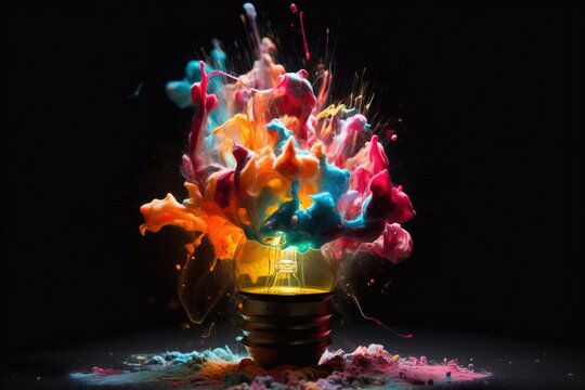 a light bulb with colored paint splashing out of it.  generative ai