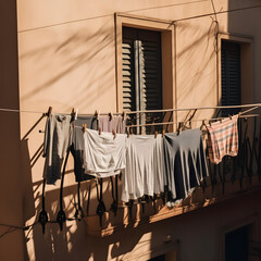 clothes drying on a strings span between two houses