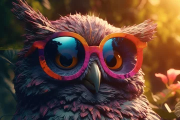 Fotobehang  an owl wearing sunglasses and a flower in front of it.  generative ai © Nadia