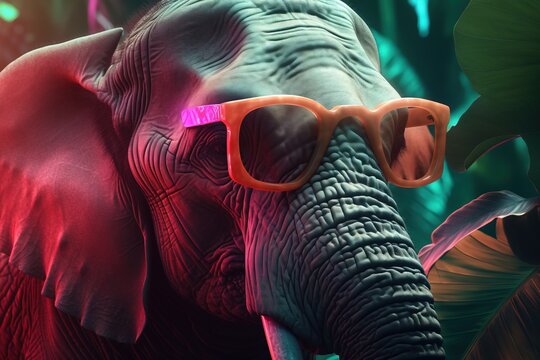  an elephant with sunglasses on its head and some plants behind it.  generative ai