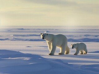 Mother Polar Bear and Cubs Walking on Ice: A Serene Arctic Scene