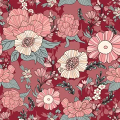 Foto op Plexiglas Red Pink Foliage Floral Seamless Pattern Design © AikoTextiles