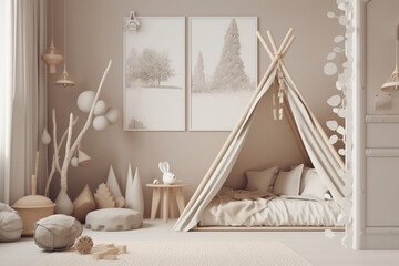Fototapeta na wymiar frame in a farmhouse inspired children's room with natural wooden elements, Generative AI