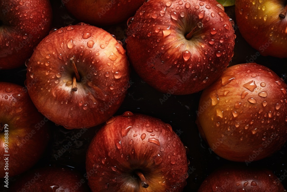 Poster a group of apples sitting on top of a table covered in water. generative ai