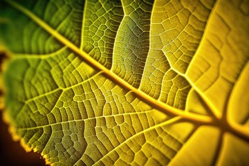 Obraz premium Yellow leaf macro shot of the vibrant fall foliage. Close up of a golden yellow leaf texture. Macroscopic photography. Generative AI