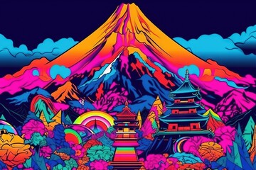  a painting of a mountain with a pagoda in the foreground.  generative ai