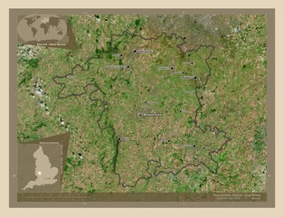 Worcestershire, England - Great Britain. High-res satellite. Labelled points of cities