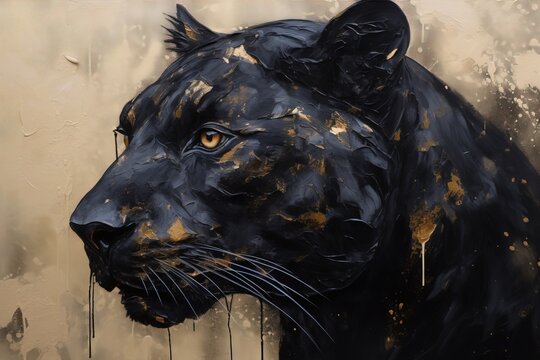  a painting of a black and gold tiger on a wall.  generative ai