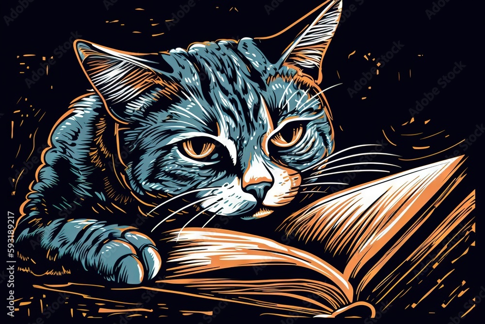 Poster a cat laying down reading a book with its eyes open. generative ai