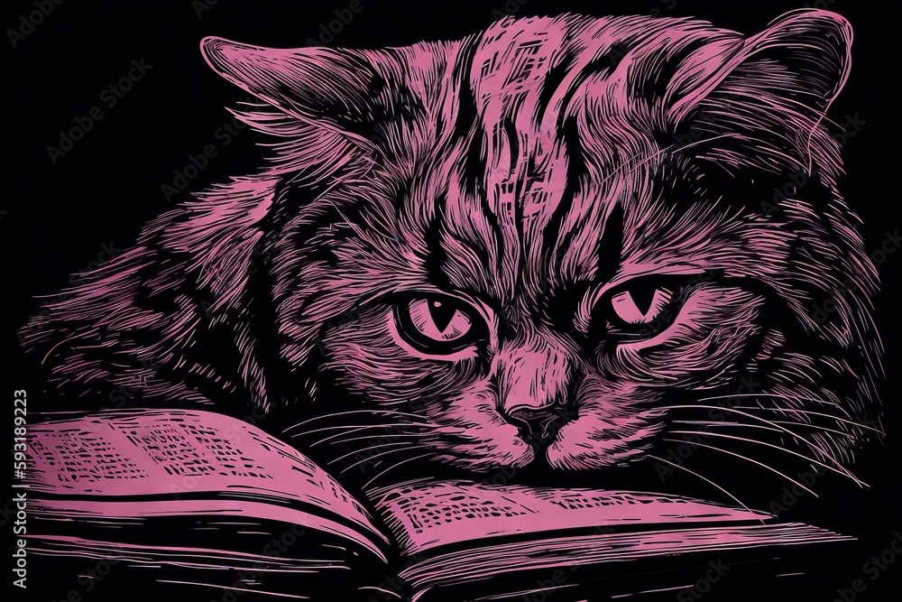 Poster a cat is reading a book with a pink light on it. generative ai