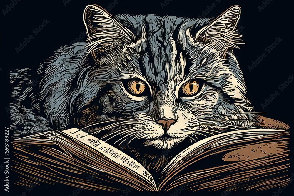 Poster a cat is reading a book with a sad look on its face. generative ai