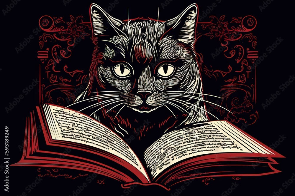 Poster a cat is reading a book with a red light on it. generative ai