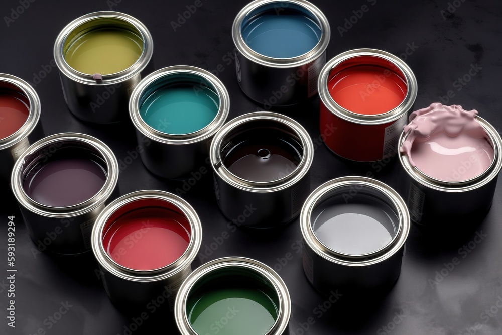 Poster a group of paint cans with different colors of paint in them. generative ai