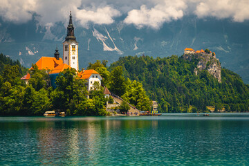 Great view with chuch and castle on the cliff, Slovenia