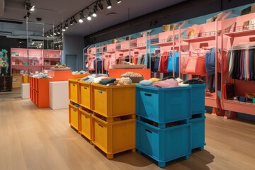 fast-fashion store, with bins and baskets of colorful apparel on display, created with generative ai