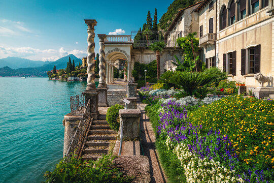 Flowery ornamental garden of villa Monastero with lake Como, Italy