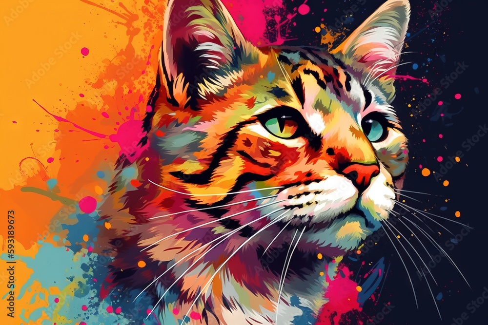 Poster a cat with a colorful background and a black background with a splash of paint. generative ai
