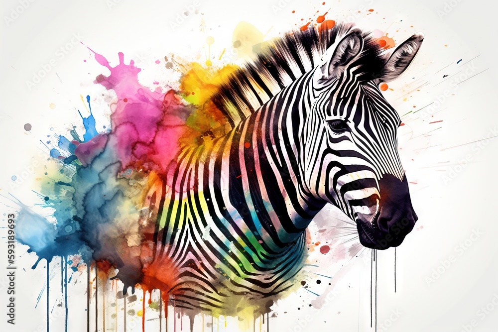 Poster a zebra is standing in front of a multicolored background. generative ai