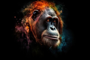  a close up of a monkey's face with a black background.  generative ai