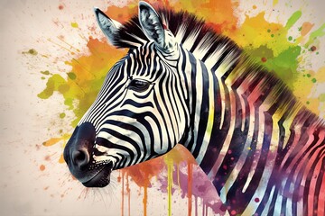  a painting of a zebra's head with paint splatters on it.  generative ai