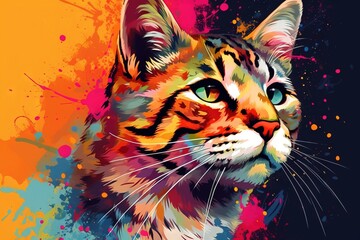  a cat with a colorful background and a black background with a splash of paint.  generative ai