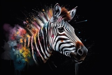 Fototapeta na wymiar a zebra with colorful paint splatters on it's face. generative ai