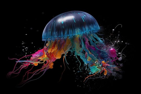  a colorful jellyfish floating in the water with a black background.  generative ai