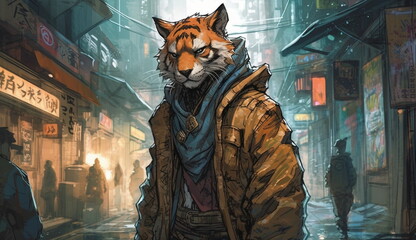 Fototapeta na wymiar Tiger wearing jacket with anime watercolor art style. Based on Generative Ai.