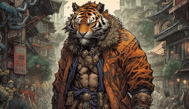 Tiger wearing jacket with anime watercolor art style. Based on Generative Ai.