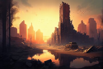 Obraz na płótnie Canvas postapocalyptic cityscape with towering buildings and crumbling ruins at sunset, created with generative ai