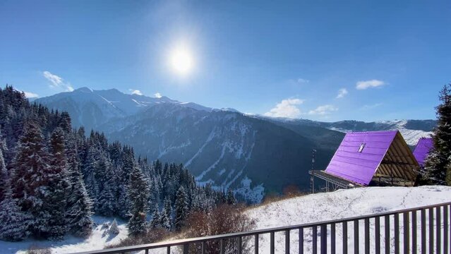 Aerial view of chalet cottages in mountain resort