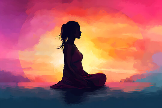 Female mental health, calmness, harmony abstract art illustration concept. Silhouette woman meditating, relax in nature. Generative AI