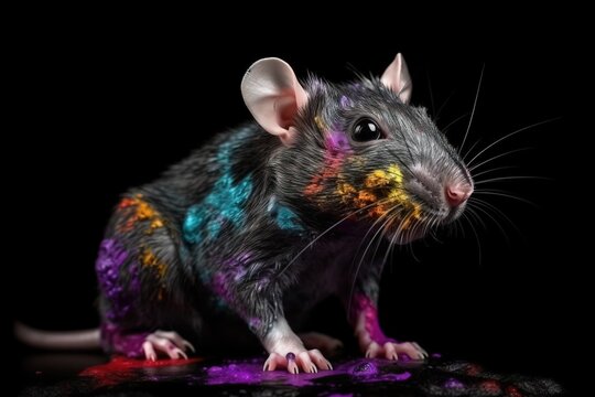  a rat with multicolored paint on its face and tail.  generative ai